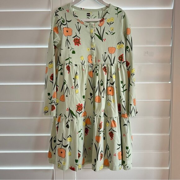 Tea Collection Floral Print Henley Twirly Dress Green Multi Size 8 - Picture 2 of 4